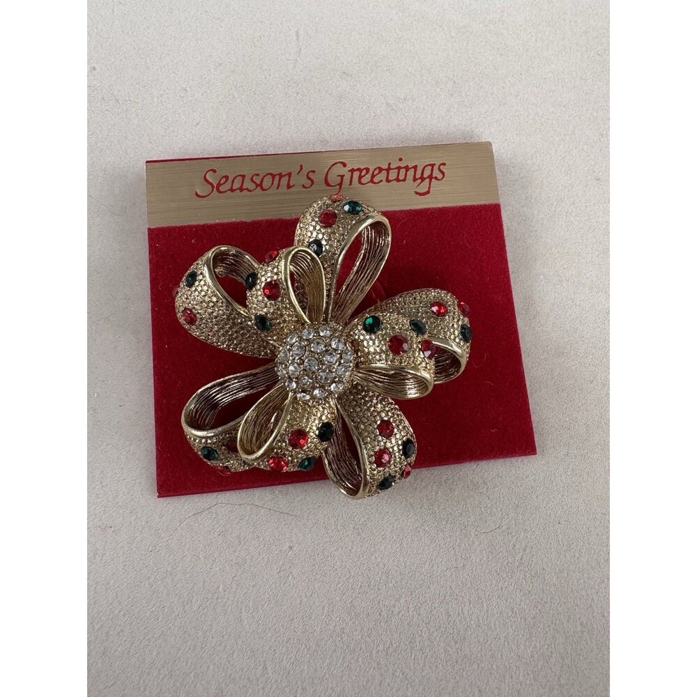 VTG Christmas Rhinestone Bow Pin Brooch Gold Tone Red Green Clear Textured NEW